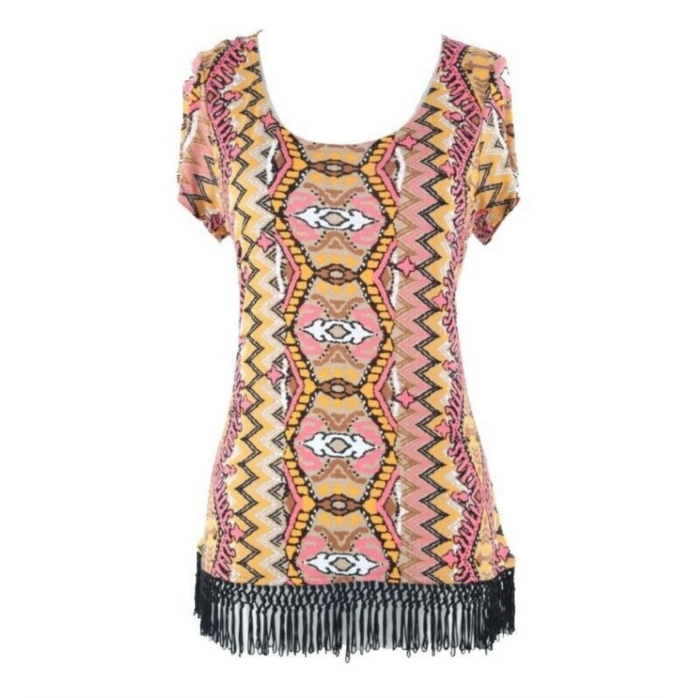INC Sz M Coral Orange Black Multi 2.5-3" Fringe Hem 100% Rayon Top - Picture 1 of 6